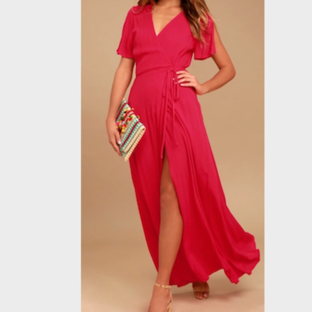 LULUS RED WRAP MAXI DRESS- Much Obliged Red Wrap M